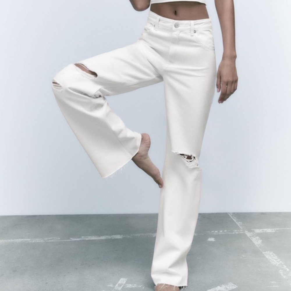Zara White Flare Wide-Leg Distressed Jeans